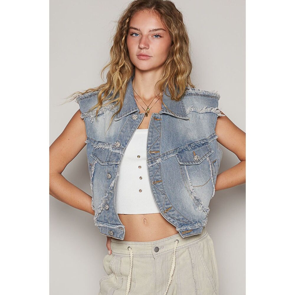 POL Sleeveless Asymmetrical Denim Vest Small